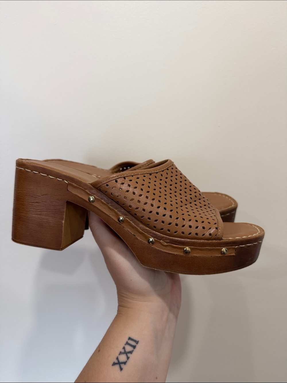 Women’s Tan Perforated Leather Block Heel Mule - Slip-On Clog